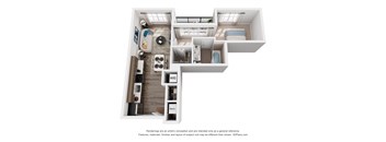 A 3D floor plan of a 1-bedroom with a kitchen, living room, and bathroom.