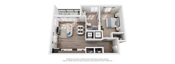 A 3D floor plan of a one bedroom apartment with a kitchen, living room, and bedroom.