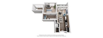 A 3D floor plan of a 1-bedroom apartment with a kitchen and living room