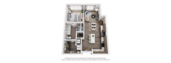 A 3D floor plan of a 1-bedroom apartment with a kitchen, living room, and bedroom.