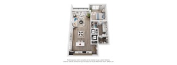 A 3D floor plan of a 1-bedroom apartment with a kitchen, living room, and bedroom.