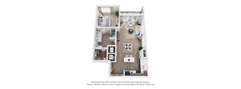 A 3D floor plan of a 1-bedroom apartment with a kitchen, living room, and bathroom.