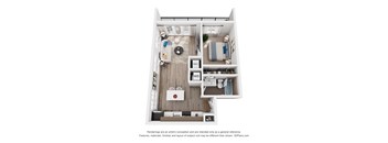 A 3D floor plan of a 1-bedroom apartment with a kitchen, living room, and bathroom.