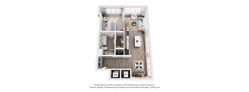 A 3D floor plan of a 1-bedroom apartment with a kitchen, living room, and bathroom.
