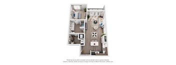 A 3D floor plan of a 1-bedroom apartment with a kitchen, living room, and bathroom.