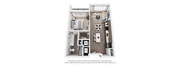 A floor plan of a 1-bedroom apartment with a kitchen, living room, and bathroom.