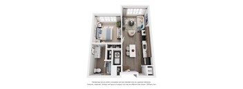 A 3D floor plan of a 1 bedroom apartment with a kitchen, living room, and bathroom.