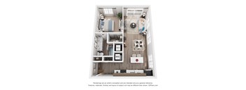 A 3D floor plan of a 1 bedroom apartment with a kitchen, living room, and bathroom.