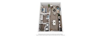 A 3D floor plan of a 1-bedroom apartment with a kitchen, living room, and bathroom.