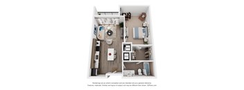 A 3D floor plan of a 1-bedroom apartment with a kitchen, living room, and bathroom.