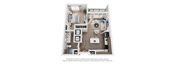 A 3D floor plan of a 1 bedroom apartment with a kitchen, living room, and bathroom.
