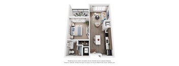 A floor plan of a 1-bedroom apartment with a kitchen, living room, and bathroom.