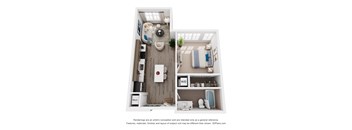 A 3D floor plan of a 1 bedroom apartment with a kitchen, living room, and bedroom.