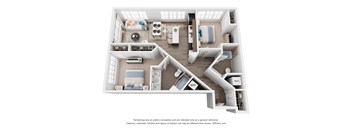 A 3D floor plan of a 2-bedroom with a kitchen and living room.