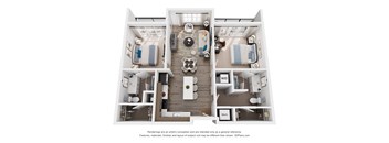 A 3D floor plan of a 2-bedroom apartment home with a living room, a kitchen, and a bathroom.