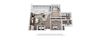 A 3D floor plan of an apartment with two bedrooms and a living room.