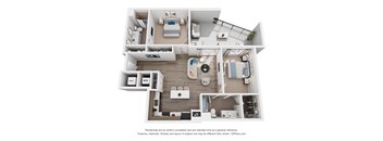 A 3D floor plan of a 2 bedroom apartment with a kitchen, living room, and bathroom.