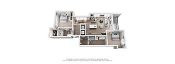 A 3D floor plan of a 2 bedroom apartment with a kitchen, living room, and two bedrooms.