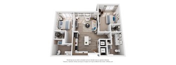 A 3D floor plan of a 2-bedroom apartment with a kitchen, living room, and 2 bathrooms