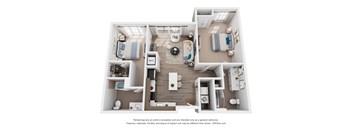 A 3D floor plan of a 2 bedroom apartment with a kitchen, living room, and bathroom.