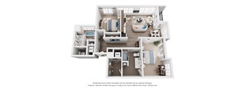 A 3D floor plan of a 2 bedroom apartment with a kitchen, living room, bedrooms and bathrooms.