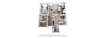 A 3D floor plan of a 2-bedroom apartment with a kitchen, living room, and bathroom.