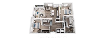 A 3D floor plan of a 2-bedroom apartment with a kitchen, living room, and 2 bathrooms