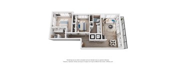 A 3D floor plan of a 2-bedroom apartment with a kitchen and living room