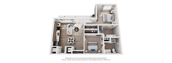 A 3D floor plan of a 2 bedroom apartment with a kitchen, living room, and 2 bathrooms