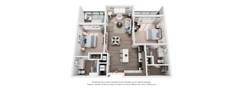 A 3D floor plan of a 2-bedroom apartment with a kitchen, living room, and bedroom.