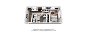A 3D floor plan of a studio apartment with a kitchen and living/bedroom