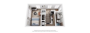 A 3D floor plan of a studio apartment with a living/bedroom, and a kitchen.