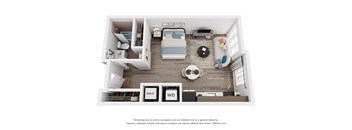 A 3D rendering of a studio apartment with a bed, desk, and kitchenette.