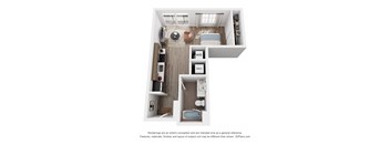 A 3D floor plan of a studio apartment with a kitchen, living room, and bathroom.