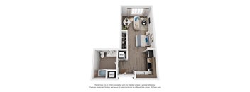 A 3D floor plan of a studio apartment with a kitchen and living/bedroom space