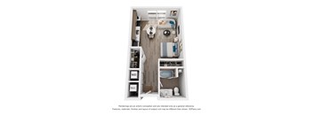 A 3D floor plan of a studio apartment with a kitchen and living/bedroom space