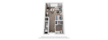 A 3D floor plan of a studio apartment with a kitchen and living/bedroom space