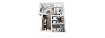 A 3D floor plan of a studio apartment with a kitchen and living/bedroom space