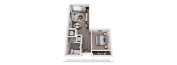 A 3D floor plan of a studio apartment with a kitchen and living/bedroom space