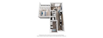 A 3D floor plan of a studio apartment with a kitchen and living/bedroom space