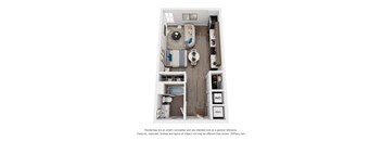 A 3D floor plan of a studio apartment with a kitchen and living/bedroom space