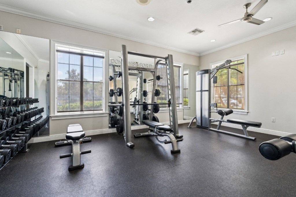 Free weights and fitness equipment in the 24 hour gym at Ballantrae Apartments