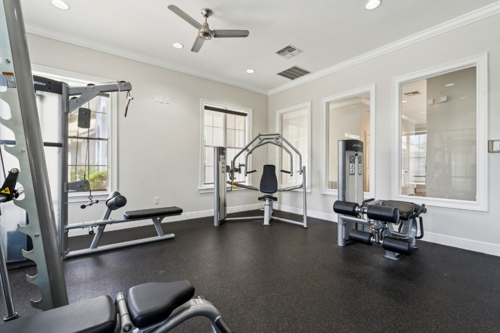 Free weights and fitness equipment in the 24 hour gym at Ballantrae Apartments