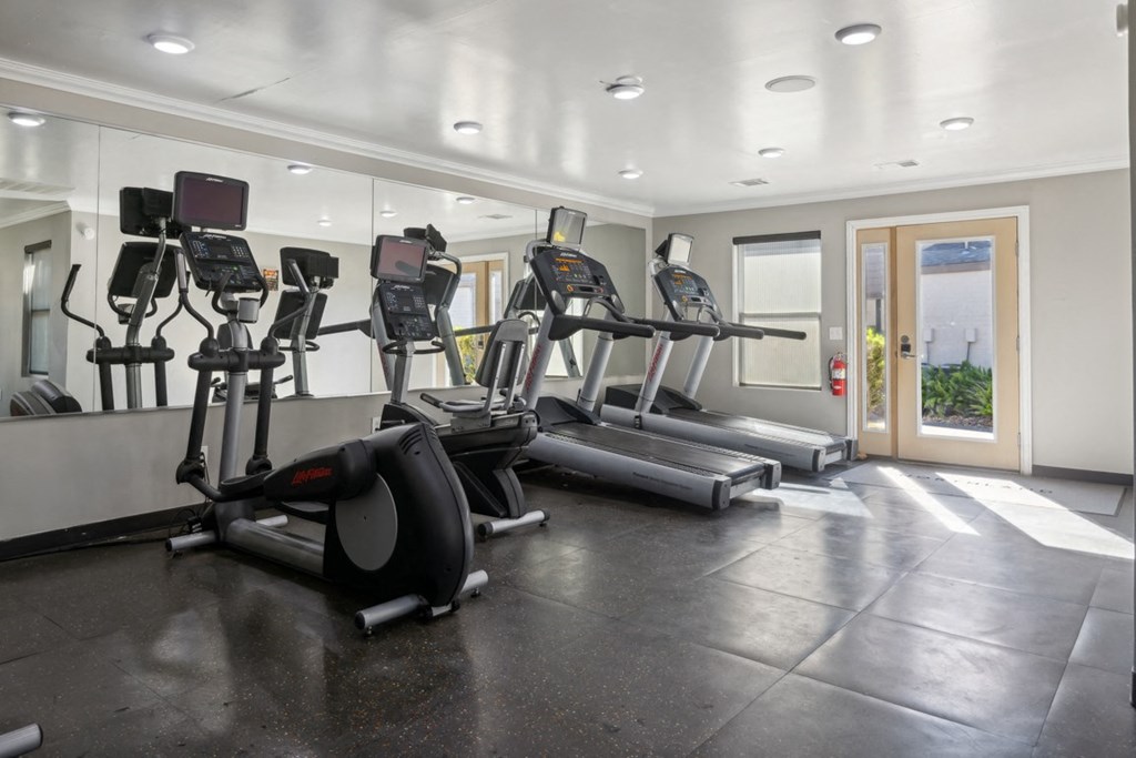 A gym with treadmills and elliptical machines.