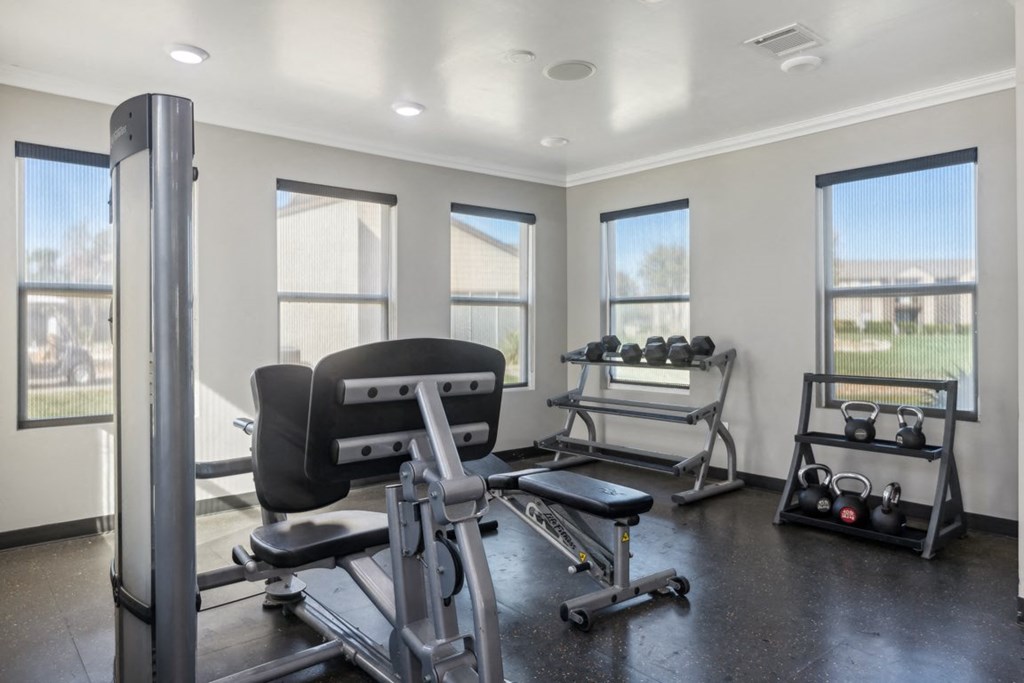 A gym with a variety of equipment including a treadmill, weights, and a bench.