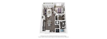 A 3D floor plan of a small apartment with a kitchen, living room, and bathroom.
