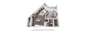 A 3D floor plan of a house with a kitchen, living room, and bathroom.