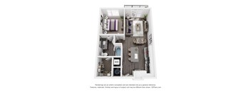 A 3D floor plan of a small apartment with a kitchen, living room, and bathroom.