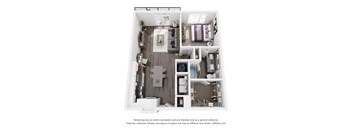 A 3D floor plan of a house with a kitchen, living room, and bathrooms.
