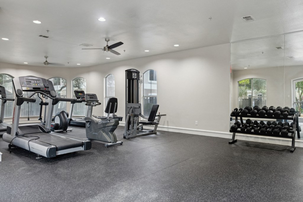 A spacious gym with treadmills, elliptical machines, and a bench press.